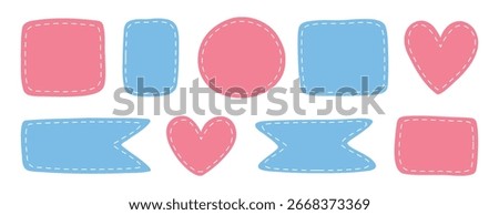 patches different shapes with dotted line set. Cute pastel templates, place for text or photo frames. Girl and boy birth frame. Decorative vector elements. Blue and pink dotted patches. Vector
