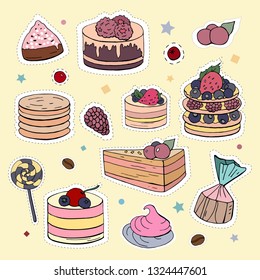 Patches with different types of cakes and sweets. Vector doodle sweet elements