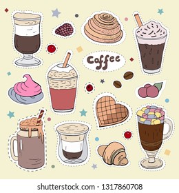 Patches with different types of coffee. Vector doodle coffee elements