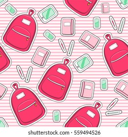 Patches fashion girl pattern vector seamless with pink bag, tablet, pencil case, pens and dairy on stripped background. Cute print for preschool, teen or student girls.