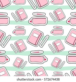 Patches fashion girl pattern vector seamless on white background with mint green stripes. Cute print for preschool, teen or student girls.