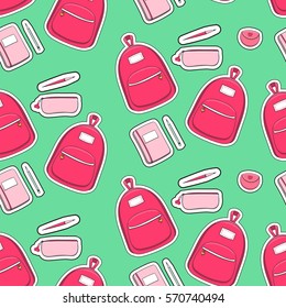 Patches fashion school girl pattern vector seamless with backpack, pencil case, pens and notebooks on green background. Cute print for preschool, teen or student girls.