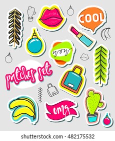 Patches and hand draw, stickers collection. Fashion patch cartoon comic style.