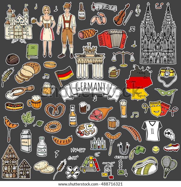 Patches. Hand drawn doodle set of Germany icons.\
Vector illustration set. Cartoon German landmark. Sketchy Europe\
travel collection: Sausage, Beer, Wheat bread, football, tennis,\
classic music, castle