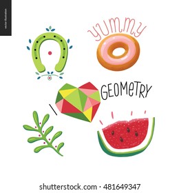 Pflaster, handgezeichnete Vektoraufkleber-Set. Eine Reihe von fünf handgezeichneten Cartoon-Elementen. Doughnut mit Note Yummy, geometrisches Herz mit Schriftzeichen Ich liebe Geometrie, Wassermelone, Pflanzen und ein Hufeisen
