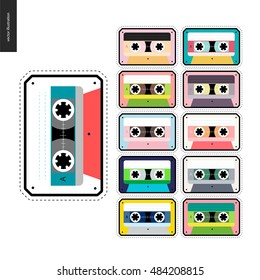 Parches, pegatinas de vector dibujadas a mano conjunto de once parches planos dibujados a mano con cintas de música de cassette de plástico de diferentes colores.