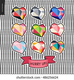 Parches, pegatinas valentinas de vector dibujadas a mano, conjunto de corazones de diamante. Un conjunto de caricaturas de los corazones coloridos de los diamantes dibujados a mano y una cinta con la escritura Date prisa