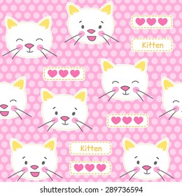 Patches with kitten and hearts seamless vector pattern