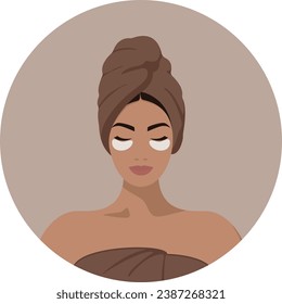 Patches on the face of a young beautiful woman with closed eyes. A towel on your head. Cleansing face masks. Isolated vector illustration EPS10