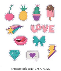 patches pineapple ice cream cactus bow lips diamond love fashion badge sticker decoration icons vector illustration