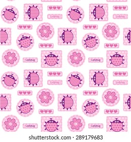 Patches with pink ladybirds and hearts on a white background seamless vector pattern