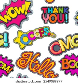 Patches seamless pattern. Colorful hippie fabric labels