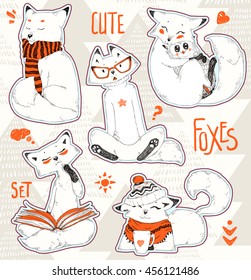Patches set, stickers collection with cute foxes, decorative elements. Hand drawn vector illustration.