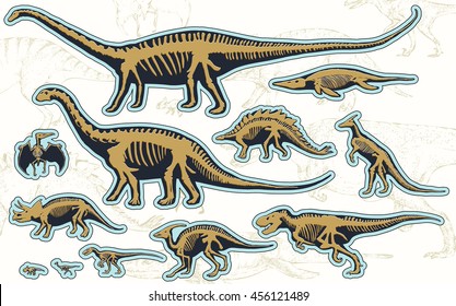 Patches set, stickers collection with dinosaurs. Hand drawn vector illustration.