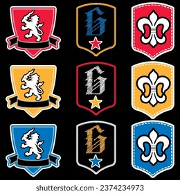 patches with simulation of embroidery with numbers and texts on textile, timeless heraldic fashion graphic with heraldic lion and doodles.