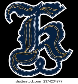 patches with simulation of embroidery with numbers and texts on textile, timeless heraldic fashion graphic with heraldic lion and doodles.