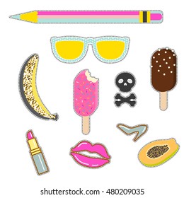 Patches sticker set. Vector pin badges - sunglasses, banana, icecream, skull and lipstick icons.