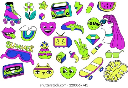 Patches or stickers from 1990s, isolated retro prints and decoration. Boombox and cassette, summer glasses and heart character. Pills an watermelon slice, rainbow and tongue. Vector in flat style