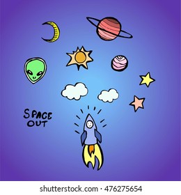 patches, stickers vector set. alien, rocket, planets, stars doodles.