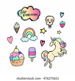 parches, conjunto vectorial de etiquetas. unicornio lindo, helado, arco iris, colección de doodle de cráneo de azúcar.