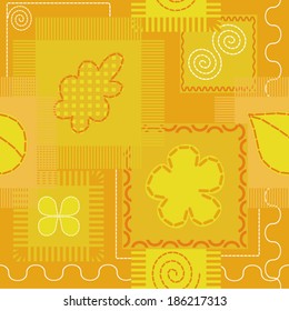 Patches and stitch pattern. Seamless pattern with different patches, embroideries and stitches in yellow colors. Vector is grouped EPS8. Drop into AI swatches and use as fill.