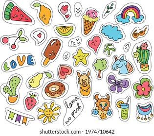 Patches summer clipart vector sun set of bright cute cartoon elements heart fruit llama unicorn rainbow clouds print paper sketch doodle