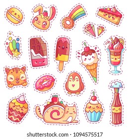 Patches of sweet strawberry kawaii pink dessert, cherry ice cream, donut, cupcake, positive happy animals cat, bunny, penguin, chipmunk faces and funny cartoon colorful rainbow food vector stickers
