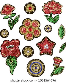 Patches for textile design or print with flowers, embroidered sequins, beads and pearls. Vector fashion illustrations.