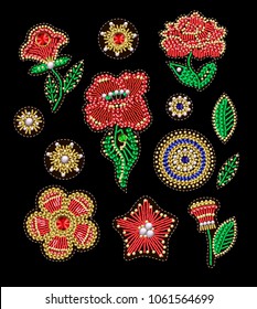 Patches for textile design or print with flowers, embroidered sequins, beads and pearls. Vector fashion illustrations.