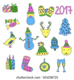 Patches for winter holidays. Vector illustration isolated on white background. Set of stickers, pins, patches in cartoon 80s-90s comic style.