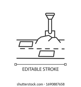 Patching Works Pixel Perfect Linear Icon. Roadworks Construction. Fill Ground Hole With Shovel. Thin Line Customizable Illustration. Contour Symbol. Vector Isolated Outline Drawing. Editable Stroke