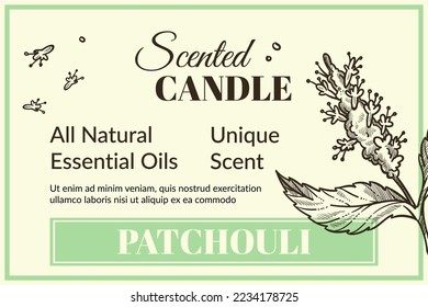 Patchouli duften Kerze mit allen natürlichen ätherischen Ölen und einzigartigem Geruch. Aromatischer Duft und Geschmack für den Gegenstand. Monochrome Skizze Umriss, Produktverpackung. Werbebanner, Vektorgrafik im Flachstil