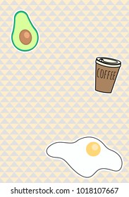 Patchs set. Card with stickers.  Breakfast: avocado, eggs and coffee