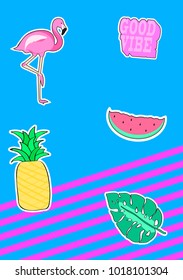 Patchs set. Card with stickers. Flamingo, pineapple, watermelon, good vibe, monstera