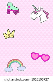 Patchs set. Card with stickers.  Hearts, sunglass, ice cream, cone, donut, unicorn, 80s, crown, roller Skates, rainbow