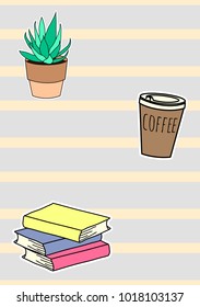 Patchs set. Card with stickers.  Plant, coffee, books
