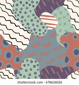 Patchwork abstract pattern with circles and dashes pattern and different texture. Hand drawn overlapping background for your design.Textile, blog decoration, banner, poster, wrapping paper.
