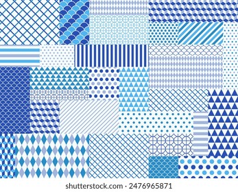 Patchwork background with blue geometric patterns.