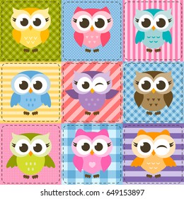 patchwork background with colorful funny owls 