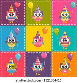 Patchwork background with colorful owls with ballons