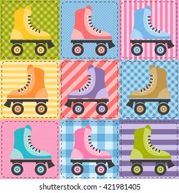 patchwork background with colorful roller skates