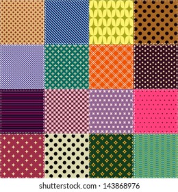 Patchwork background with different pattern / Seamless pattern with scrap quilt 