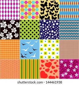 Patchwork background with different pattern / Seamless pattern with scrap quilt 