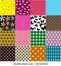 Patchwork background with different pattern / Seamless pattern with scrap quilt 