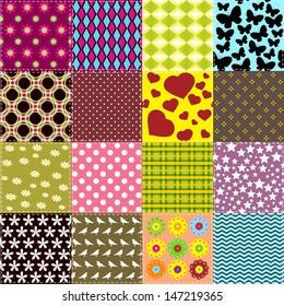 Patchwork background with different pattern / Seamless pattern with scrap quilt 