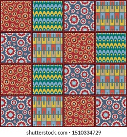 Patchwork background with different patterns. It can be used for decoration of textile, paper and other surfaces.