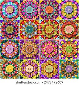 patchwork background with different patterns print for textile, paper, objects, seamless artistic decor handmade illustration vector mandala ethnic
