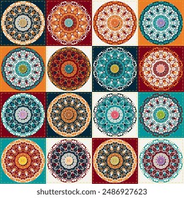 patchwork background with different patterns print for textile, paper, objects, seamless artistic decor handmade illustration vector 	