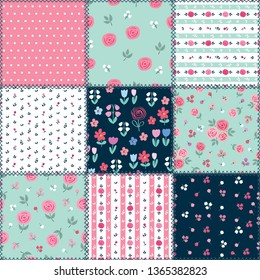 Patchwork background with different patterns for textile, gift wrap and scrapbook. Vector.