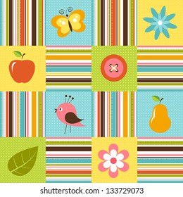 Patchwork background with flowers, bird, pear and apple